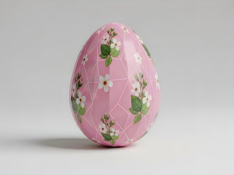 Pink decorative easter egg with white floral pattern and geometric lattice design for holiday