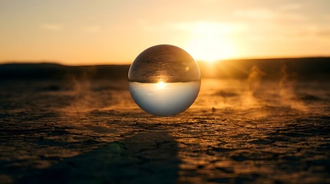 Glass sphere refracting sunset on cracked ground