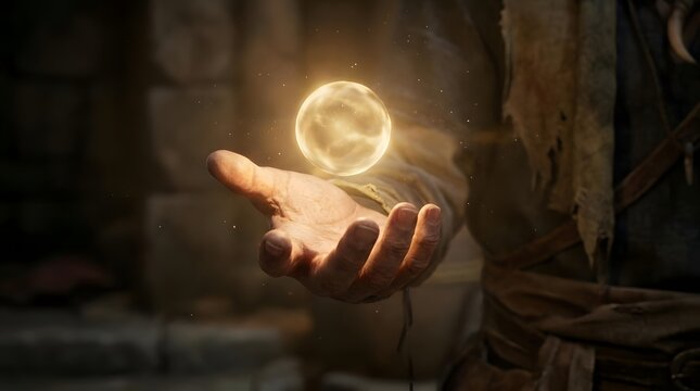 Golden light orb hovering over palm