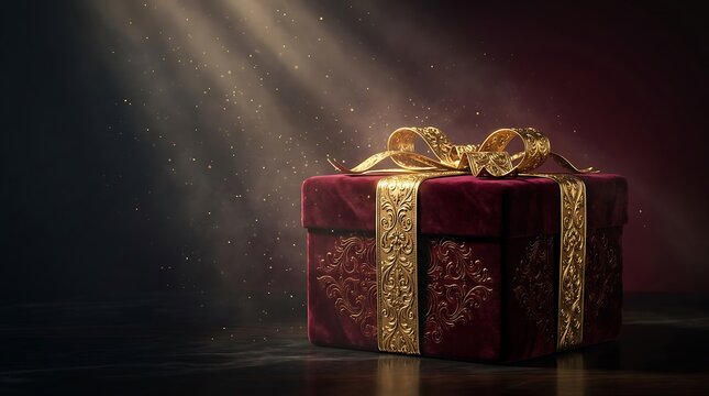 A beautifully wrapped luxury gift box with a golden ribbon sitting in a dark moody atmosphere with dramatic cinematic light rays