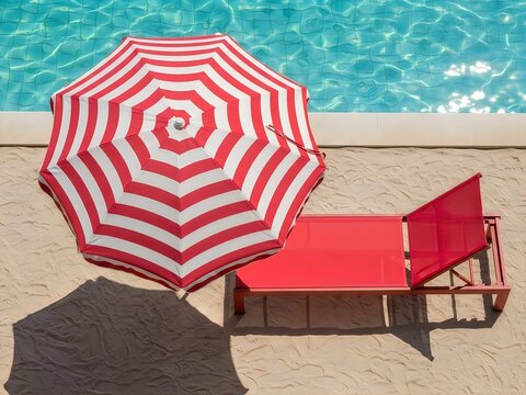 Red and white striped beach umbrella next to red lounge chair on sand beside swimming pool