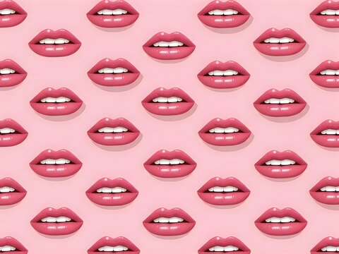 Repeating pattern of glossy pink lips on soft pink background for beauty and fashion design
