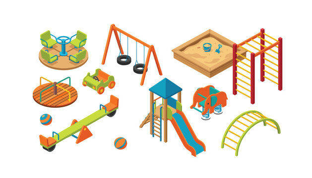 An isometric collection of colorful playground equipment . featuring swings, slides, seesaw, sandbox, climbing bars, carousel structures .