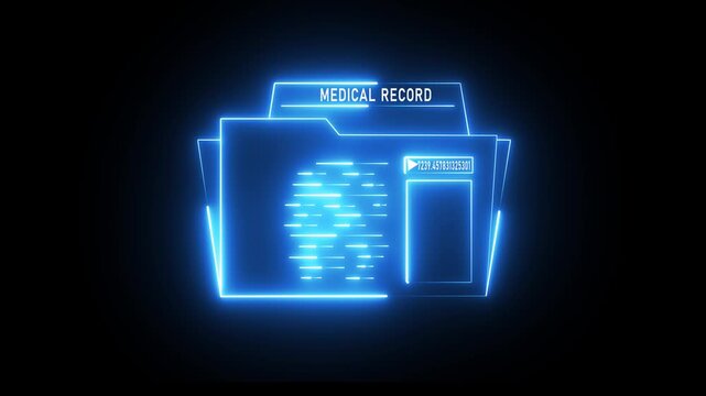 A glowing blue neon folder icon on a black background, representing data storage, organization, and digital files