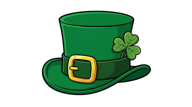 A festive green leprechaun top hat featuring a golden buckle and a lucky shamrock clover for saint patricks day celebration