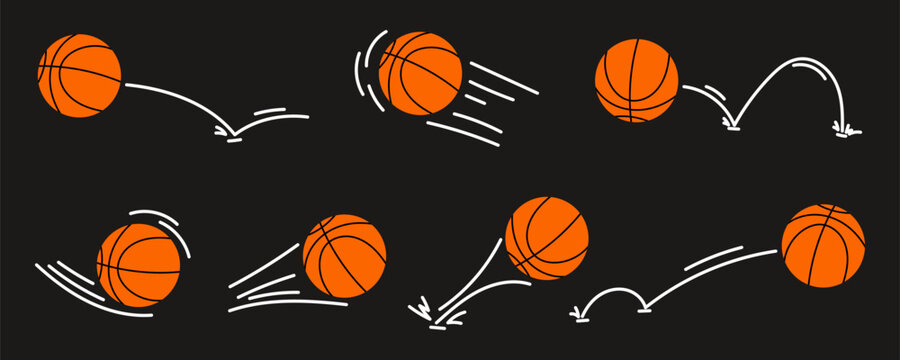 Set basketballs with hand drawn motion lines, bounce trajectories, speed effects and action paths. For sports graphics, tournament posters, social media and basketball themed designs.