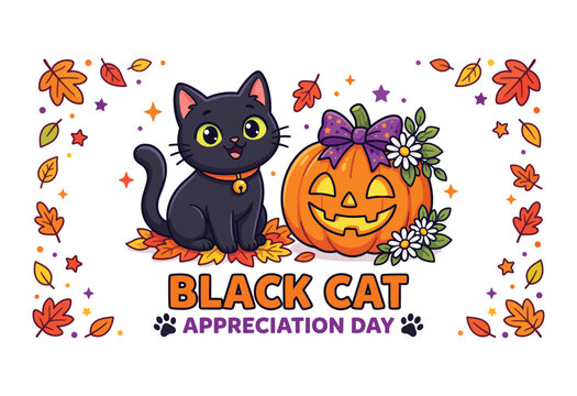 Cute black cat appreciation day illustration with pumpkin and leaves