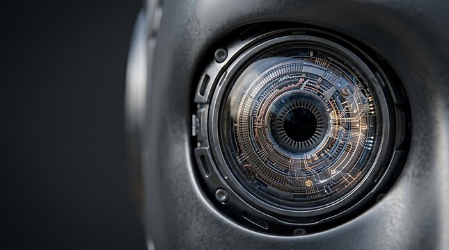 A detailed close-up of a futuristic robotic eye, showcasing intricate digital circuitry and advanced bionic vision technology, symbolizing artificial intelligence and the future of machine interaction