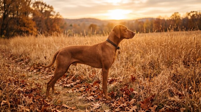 Vizsla dog standing in profile in a golden autumn field during sunset with cinematic backlighting for pet care marketing