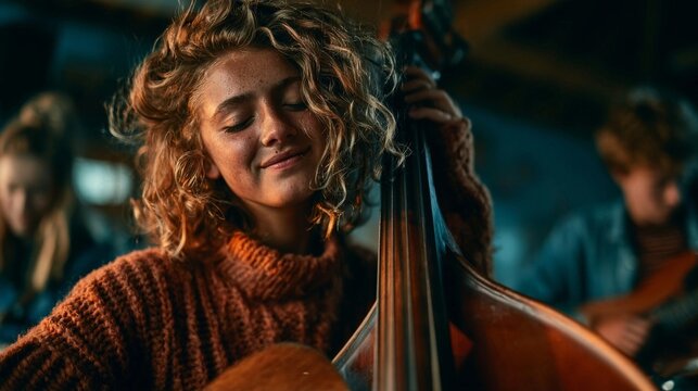 A cinematic close-up of a teenage girl playing a double bass with eyes closed, surrounded by fellow musicians in a warmly lit rehearsal space.