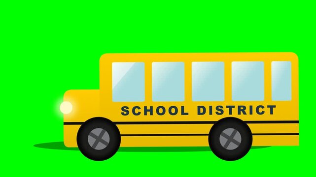 Yellow School Bus with School District Text on Green Screen.
