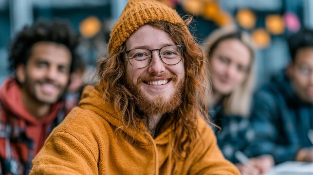 A diverse group of adult students collaborates in a university setting, smiling and engaging in a design challenge with neutral daylight and realistic textures.