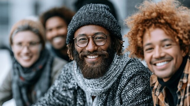 A diverse group of smiling adults in winter clothing, captured in a candid outdoor moment with natural daylight and soft focus.