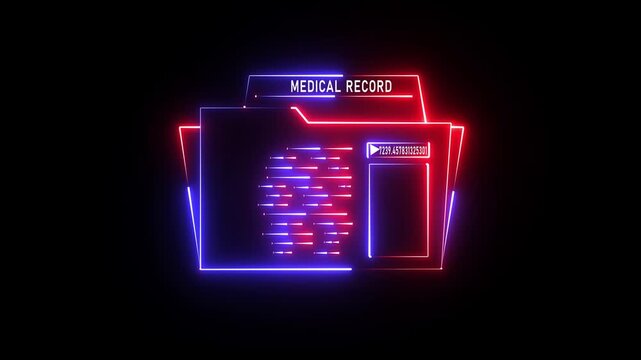 A glowing blue and red neon folder icon on a black background, representing data storage, organization, and digital files
