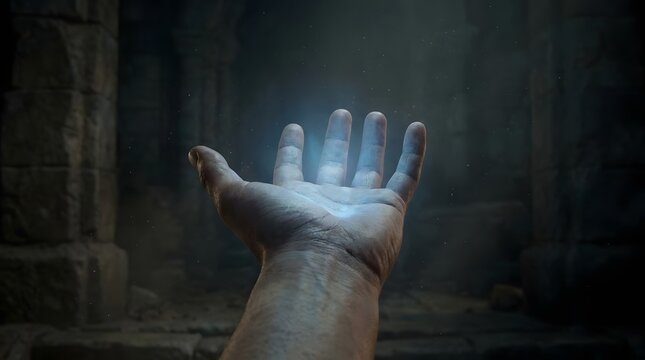 Human hand with glowing blue light in dark ruins