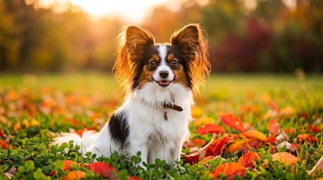 Papillon dog with distinctive butterfly ears resting on a carpet of fall foliage in cinematic sunset light for pet product branding