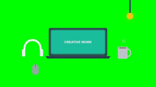 Creative Workstation Setup with Laptop Headphones and Coffee Mug on Green Screen.