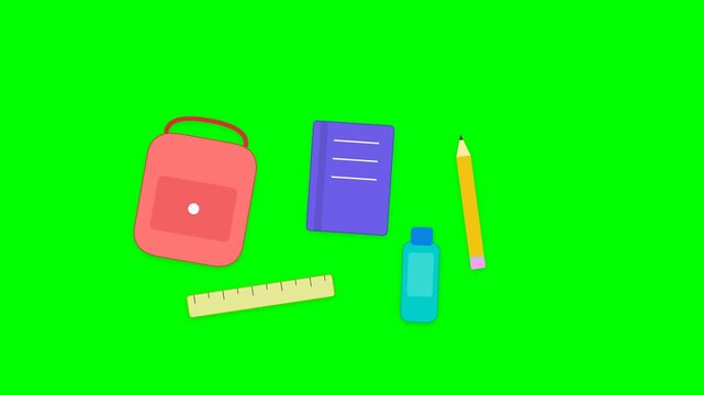 School supplies on a green screen background for easy editing.