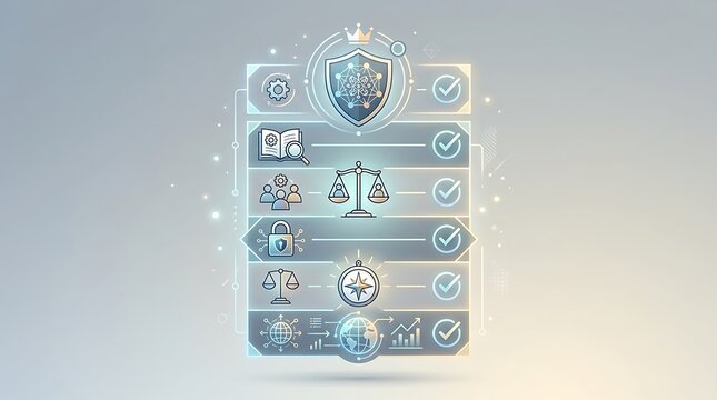 Digital compliance and corporate governance concept illustration with security shield and business symbols