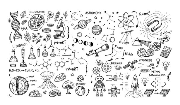 Scientific Doodle Sketch Elements Marker Drawing on Graph Paper