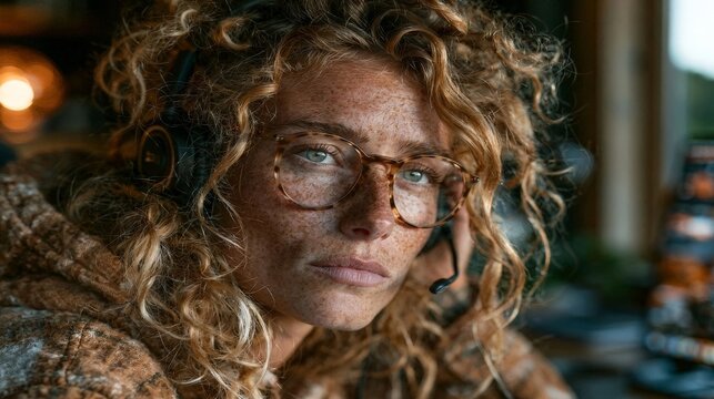 A close-up portrait of a focused woman with curly hair and glasses, wearing a headset in a softly lit home office setting.