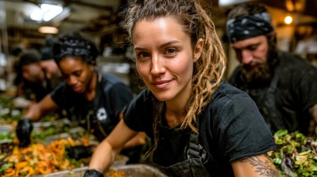 A candid photo of diverse restaurant staff sorting organic food scraps in a busy kitchen with warm overhead lighting and foreground depth.