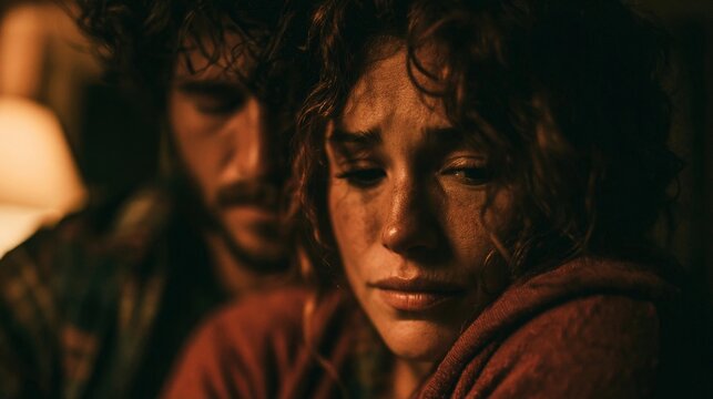 A tender cinematic portrait of a couple sharing emotional support in a dimly lit home, capturing quiet intimacy and heartfelt connection during a difficult moment.