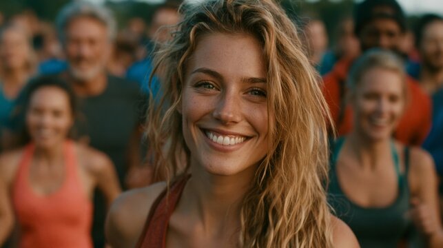 A diverse group of adults jogging in a city park during early morning light, captured in a cinematic low-angle shot with natural expressions and outdoor fitness energy.