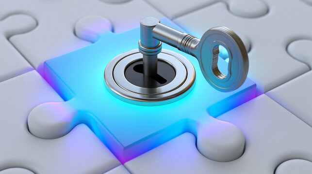 Metal key inserted into lock hole on blue glowing jigsaw puzzle piece.