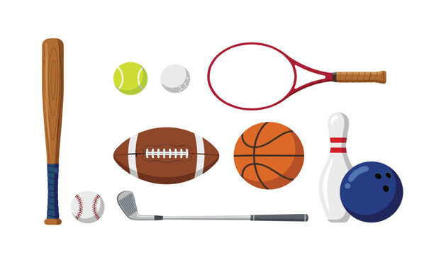 Comprehensive collection of sports equipment and athletic gear . Flat vector objects, baseball bat, tennis racket, balls, isolated white background