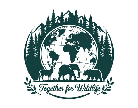 Wildlife conservation logo with globe, forest, and wild animals