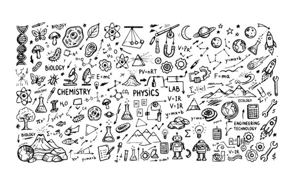 Science Branches Hand Drawn Doodle Collection on Grid Paper