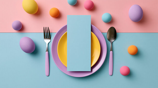 Minimalist easter table setting with blank menu card and colorful eggs.