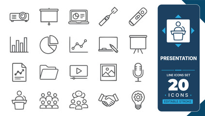 Fototapeta premium Presentation line icon set featuring projector, slideshow, analytics, charts, digital screens, public speaking, teamwork and business communication editable vector collection