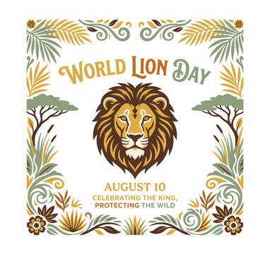World lion day august 10 greeting card with lion portrait and tropical foliage frame