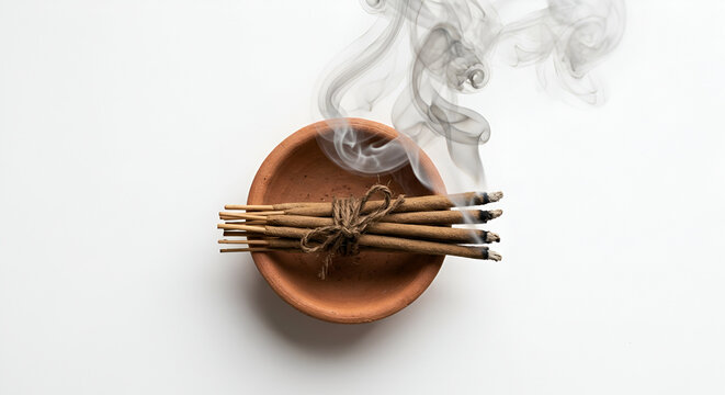 Bundle of Incense Sticks in Clay Bowl with Smoke on White Background