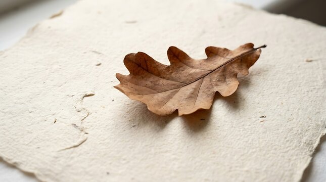 A single dried brown oak leaf resting on a textured light beige stone surface in a minimalist top down composition