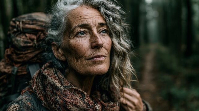 A senior woman with gray hair adjusts her backpack while hiking through a forest trail in soft morning light, conveying determination and natural fitness.