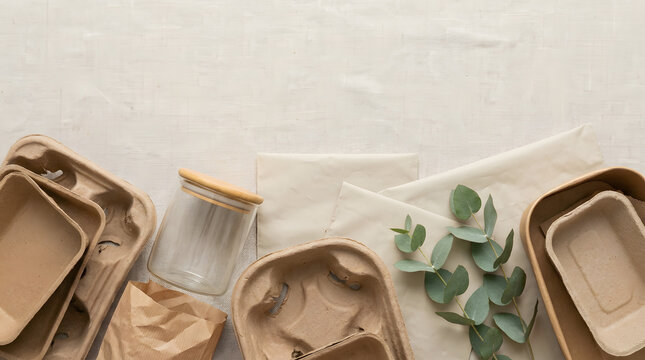 Recyclable paper containers, glass jar, cloth bags, brown paper, eucalyptus, green leaves. Perfect for ecofriendly packaging design projects.