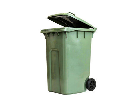 Clean green plastic wheeled garbage bin with partially open lid, ready for waste disposal and recycling