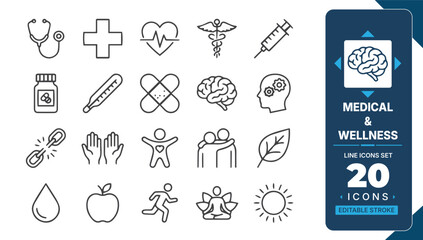 Fototapeta premium Medical and wellness line icon set featuring healthcare, diagnosis, medicine, mental health, fitness, nutrition, meditation and healthy lifestyle editable vector collection