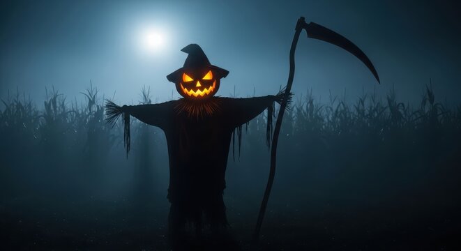 Scary jack o lantern scarecrow with scythe in foggy field at night
