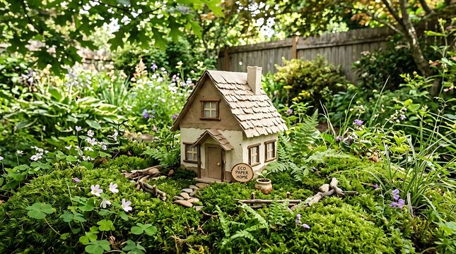 A charming miniature stone cottage nestled within a lush green garden setting surrounded by dense foliage and vibrant leafy plants