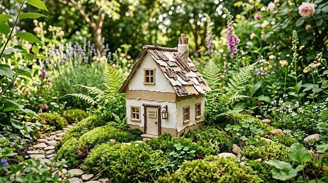 A charming miniature fairy house nestled in a lush green garden setting surrounded by vibrant plants and a small stone path