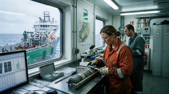Offshore drilling crew analyzes core samples in laboratory on research vessel with supply ship in background