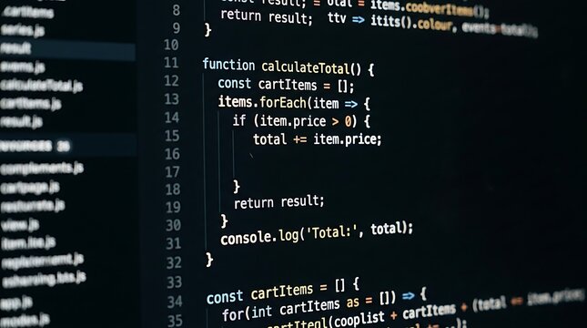 Dark-themed computer screen showing Java Script code editor with syntax highlighting and line numbers