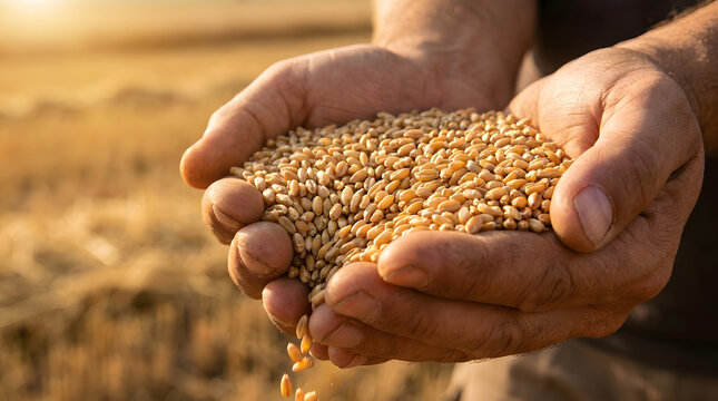 Golden wheat harvest handfuls on a sunny farm field suitable for agriculture, farming, nutrition, food, crops, harvest, natural products.