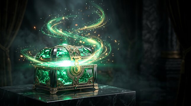An ancient ornate treasure chest glowing with mystical green magical energy in a dark mysterious cavernous environment with swirling particles
