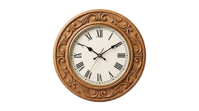 Vintage wooden wall clock with ornate carvings, antique round timepiece with roman numerals, classic brown wood analog clock for home decor isolated PNG with Transparent Background