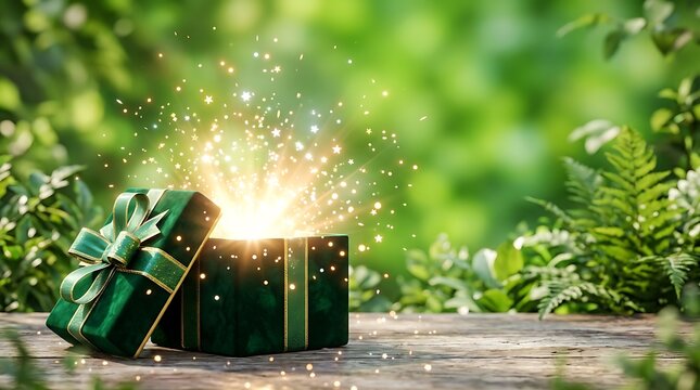 A magical glowing green gift box sitting on a wooden surface outdoors with sparkling light particles emerging from inside the present
